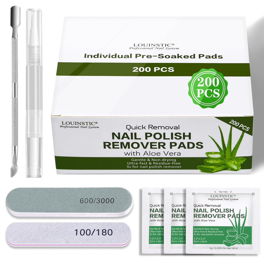 LOUINSTIC front packaging showing 200 individually wrapped remover pads and tools, convenient for travel