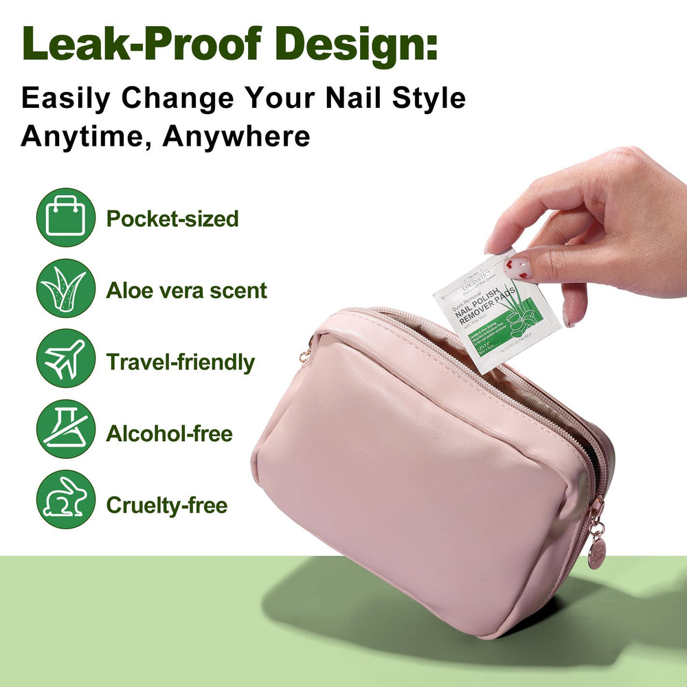 LOUINSTIC tools laid out including file, buffer, steel cuticle pusher and cuticle oil pen for finishing