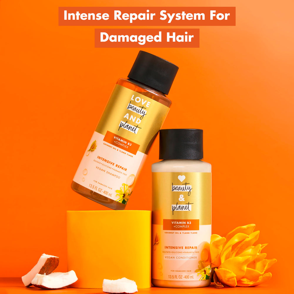 Love Beauty and Planet shampoo in bathroom next to conditioner illustrating routine-ready benefit