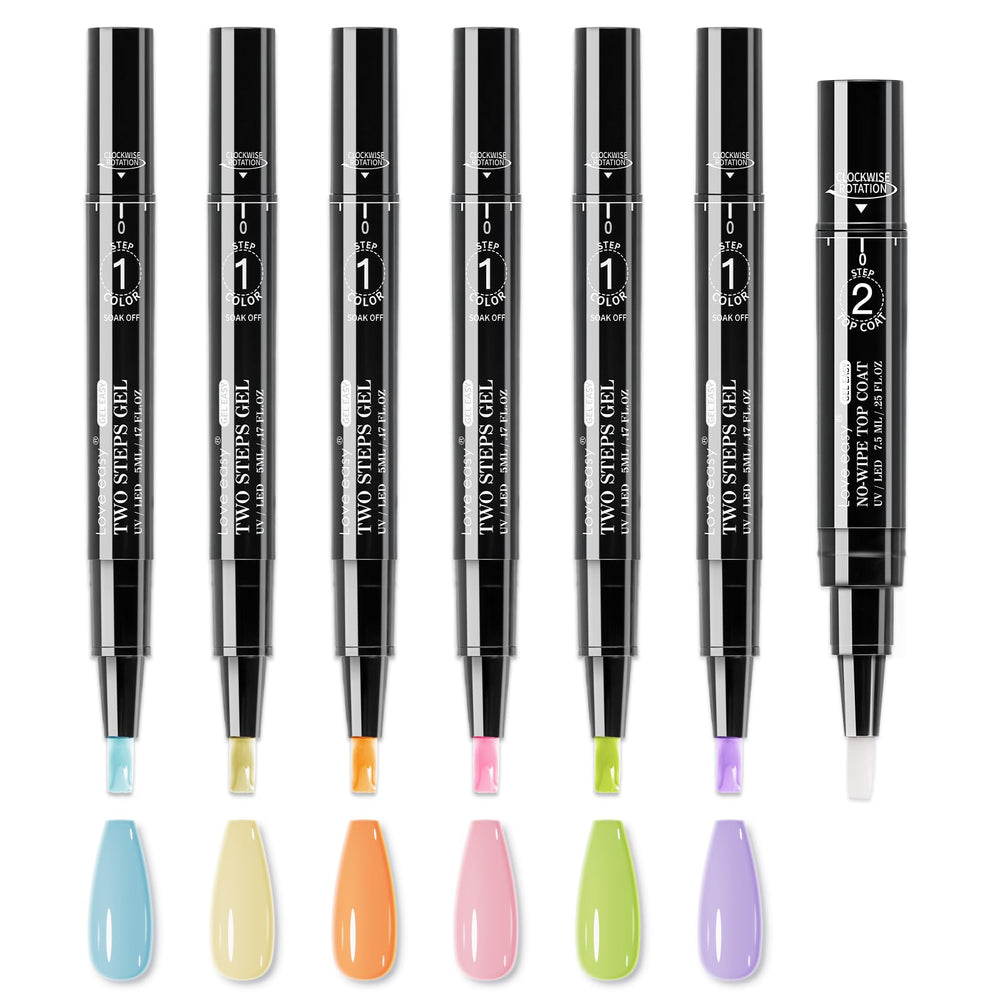Love easy front packaging showing six macaron color pens and top coat, neat presentation benefit