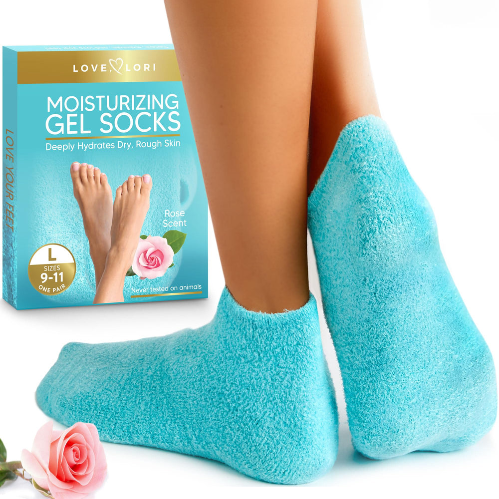 LOVE, LORI front packaging showing moisturizing gel socks and benefits