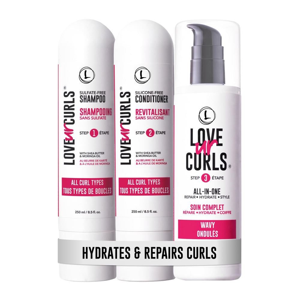 Love Ur Curls front packaging showing complete wavy 3-step set benefits