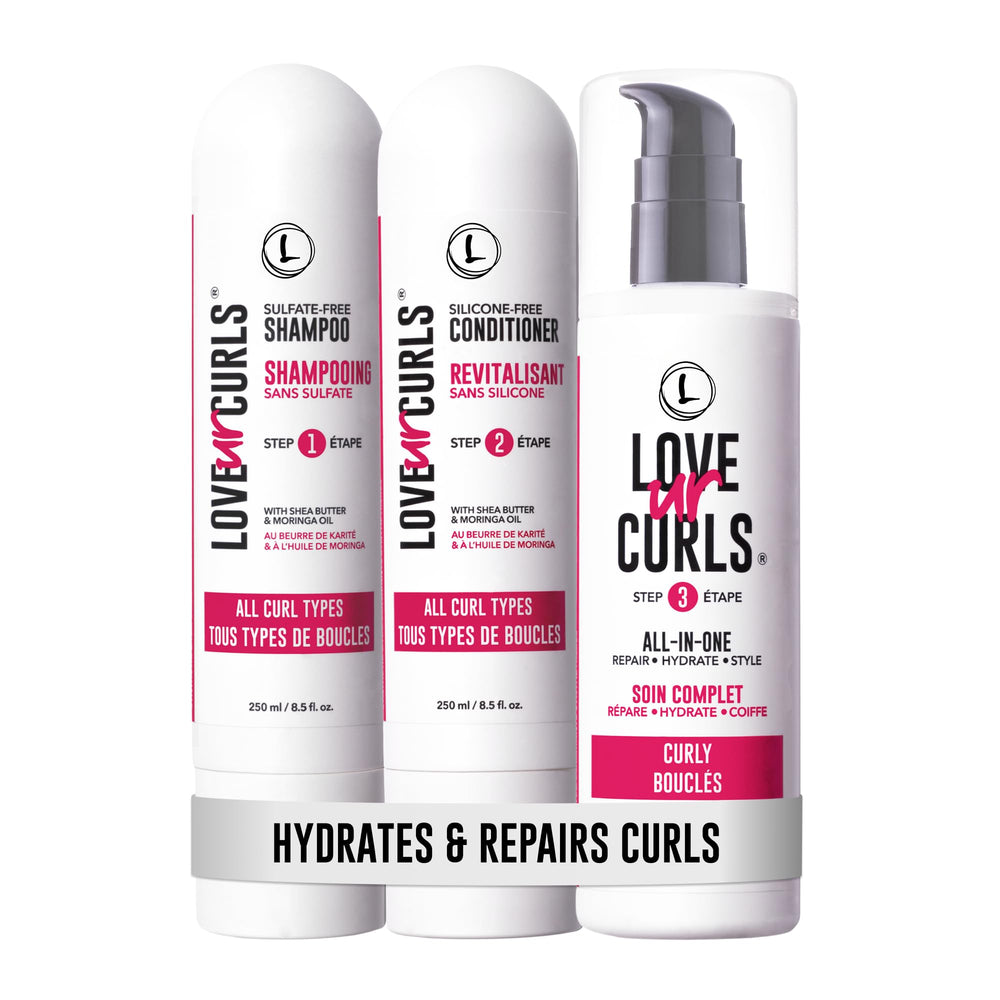 Love Ur Curls front packaging showing the three-step system and brand benefits