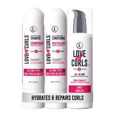 Love Ur Curls front packaging showing the three-step system and brand benefits