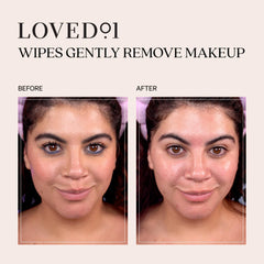 Person using Loved01 wipe on face to remove makeup and refresh skin without rinsing