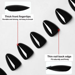 LoveOurHome close-up of glossy black almond nail surface highlighting salon shine
