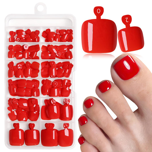 LoveOurHome front kit display showing all 120 red press-on toenails and tools, convenience benefit