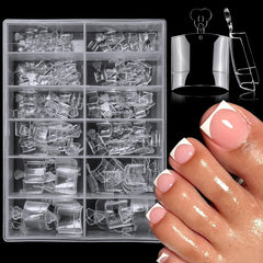 LoveOurHome front packaging of 240 clear gel toe tips showing kit contents and quick pedicure benefit