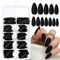 LoveOurHome front packaging showing 120 matte black almond nails and kit benefits