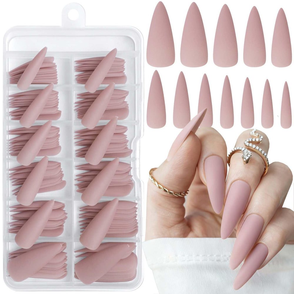 LoveOurHome front packaging showing 100 matte stiletto nails and storage case for quick styling