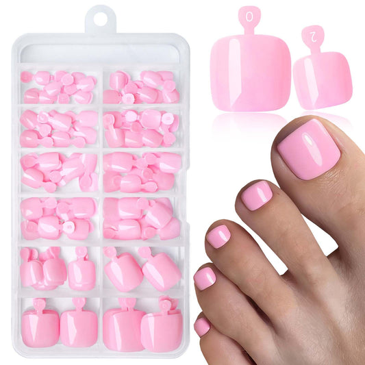 LoveOurHome front packaging showing 120 pink press-on toenails and included tools for fast pedicures