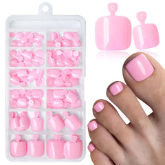 LoveOurHome front packaging showing 120 pink press-on toenails and included tools for fast pedicures