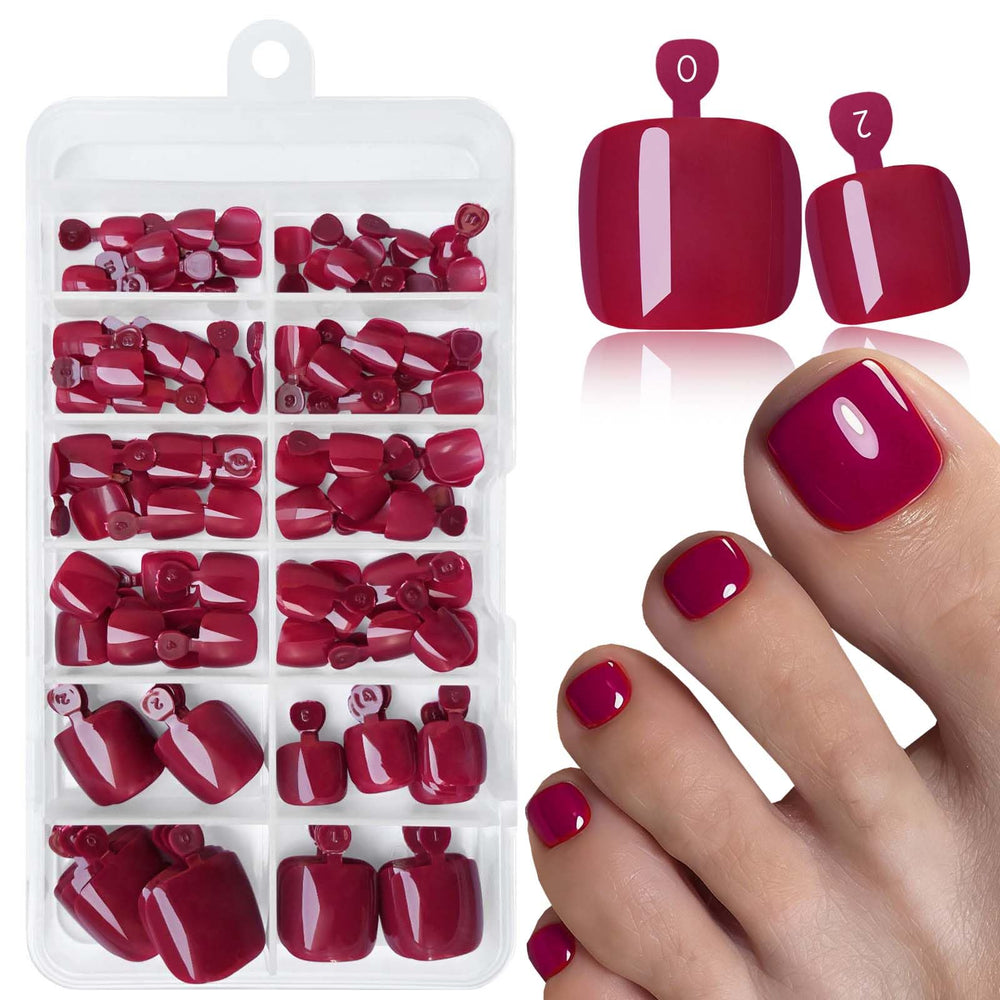 LoveOurHome front packaging showing full burgundy press-on toenail kit benefits