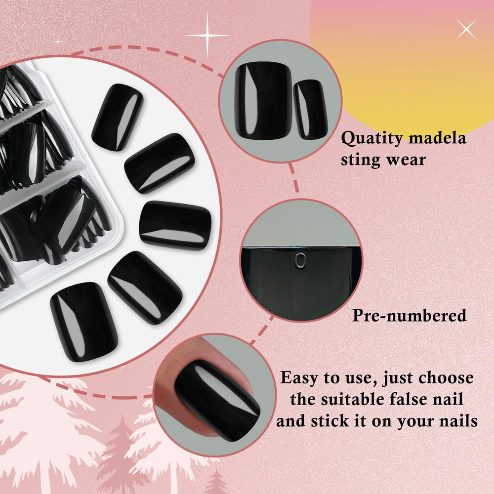 LoveOurHome on-model hands wearing short black square nails for everyday style