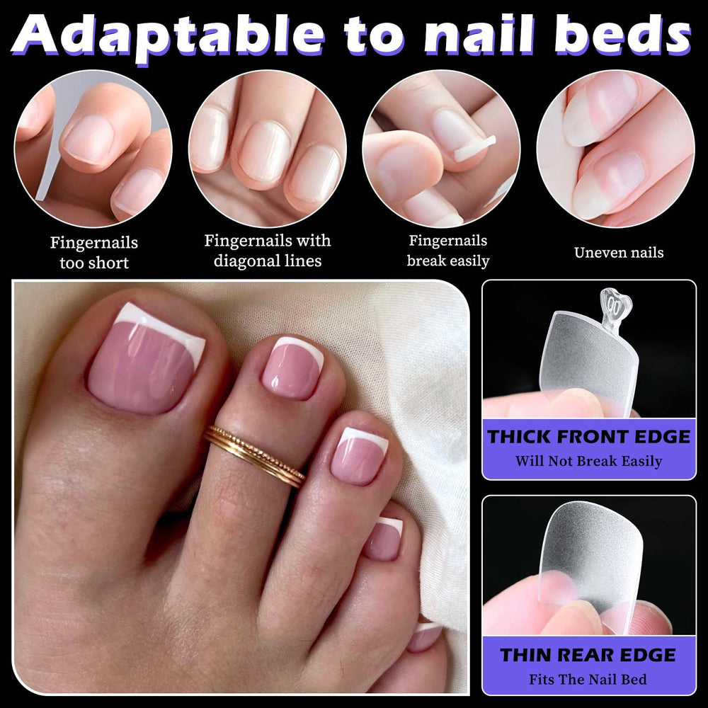 LoveOurHome pressed-on toe tip being applied for quick at-home pedicure