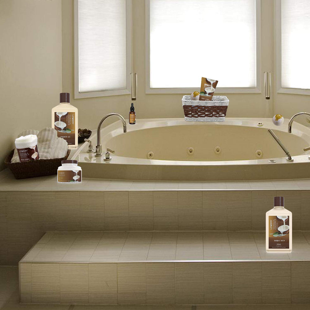 LOVERY bath salts spooned into bowl showing soothing soak and relaxation benefit