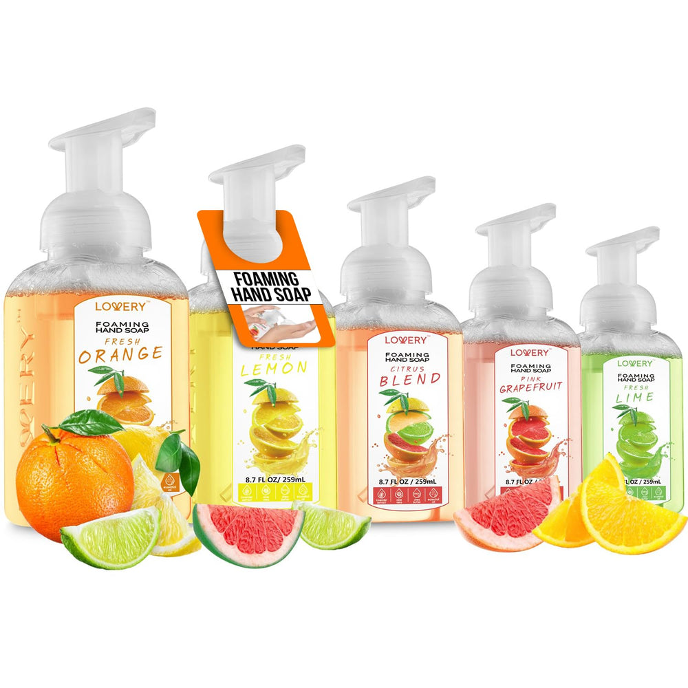 Lovery front packaging showing five citrus foaming soap bottles, fresh scent benefit
