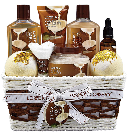 LOVERY gift basket front view showing complete nine-piece set and elegant wrapping