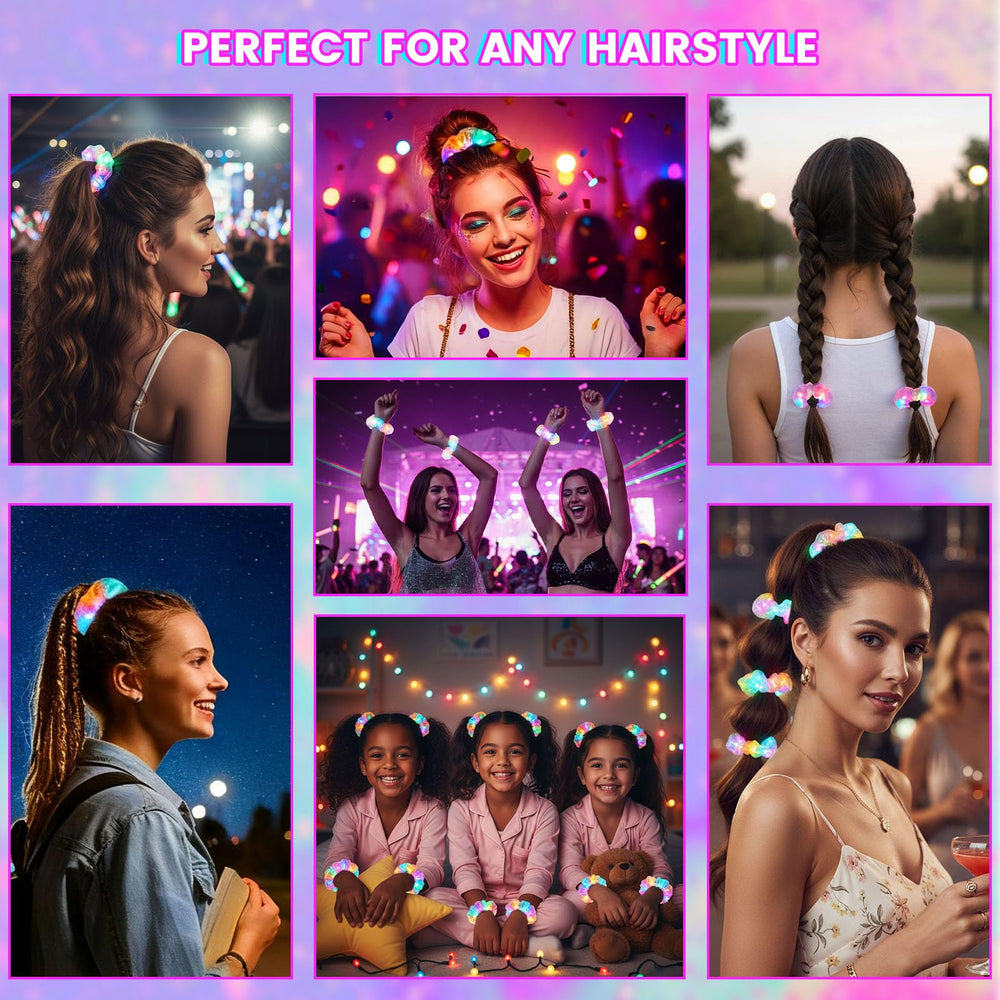 LovesTown scrunchie in ponytail demonstrating glow effect for night events