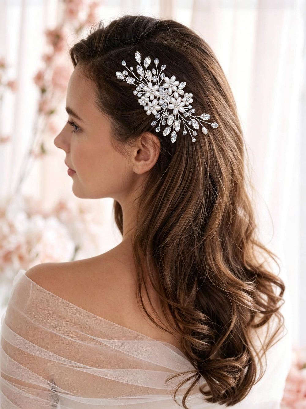 LOVFOIVER front view silver floral comb shows elegant bridal sparkle