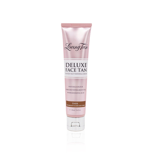 Loving Tan front tube view showing compact dark face tanner benefit quick application