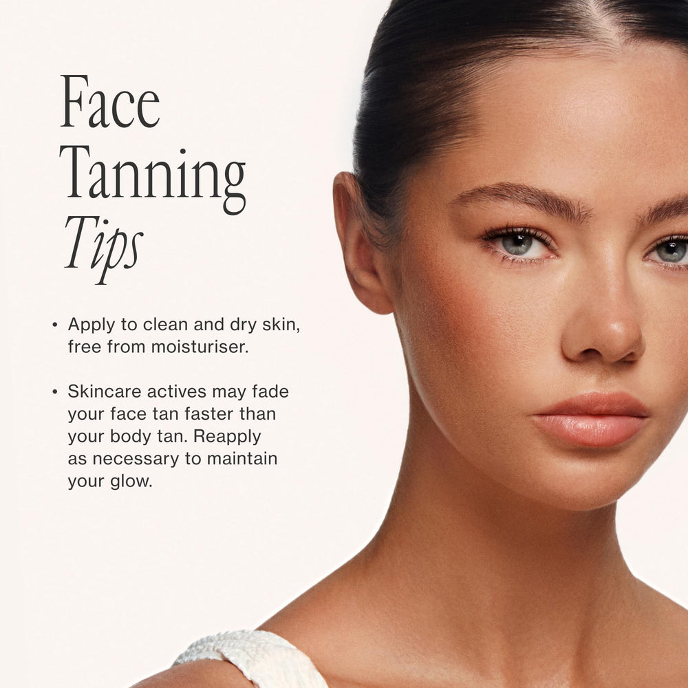 Loving Tan model applying serum to face and neck for natural-looking glow benefit