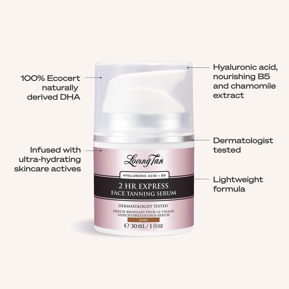 Loving Tan bottle beside a coin to show 1 fl oz size and travel-friendly benefit