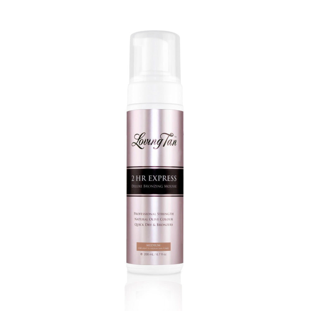 Loving Tan medium front packaging showing sleek bottle and label benefit: professional quality tan