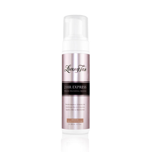 Loving Tan medium front packaging showing sleek bottle and label benefit: professional quality tan