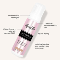 Loving Tan medium label close-up highlighting naturally derived ingredients and safety benefit