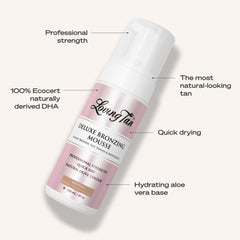 Loving Tan bottle held in hand for scale to show 4 fl oz compact travel-friendly size