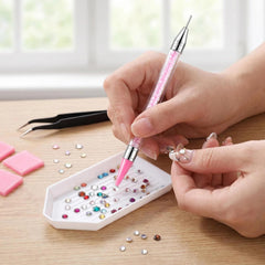 LOVUFIR tools in use during a manicure demonstrating accuracy and speed in gem application
