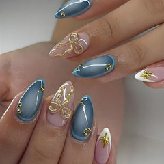 LPOODDNU front packaging showing 24-piece almond press-on nails and quick benefits