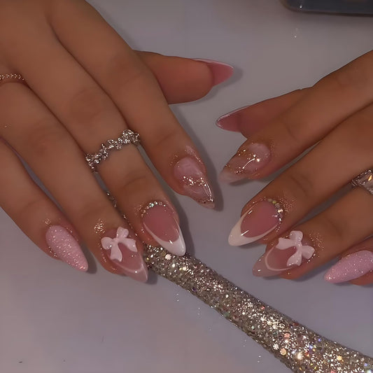 LPOODDNU front packaging showing 24-piece almond press-on set for easy at-home manicures
