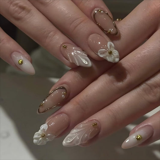 LPOODDNU front packaging showing 24-piece almond press-on nails and benefits