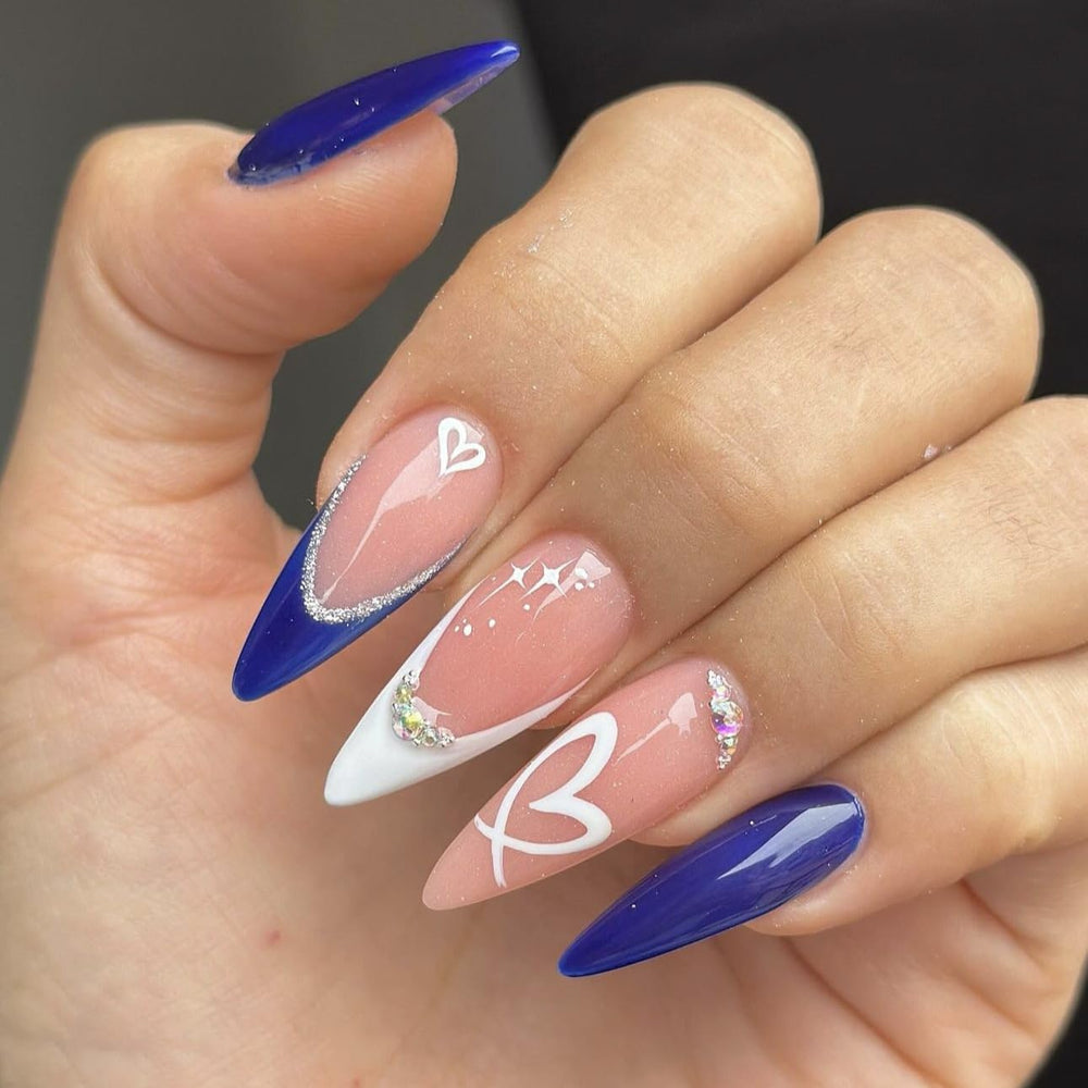 LPOODDNU front packaging showing 24-piece almond blue French tips, easy selection benefit