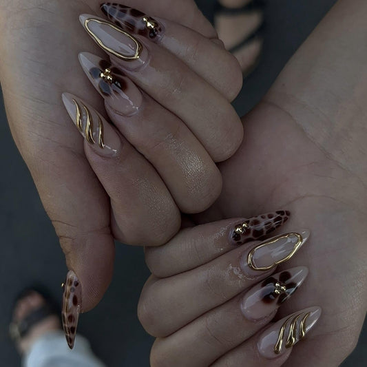 LPOODDNU front packaging showing 24 brown almond press-on nails, clear contents benefit