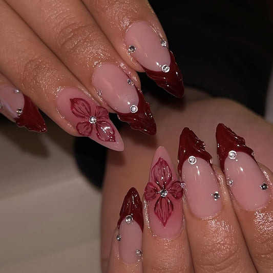 LPOODDNU front packaging showing red French tip almond nails and included tabs, quick styling benefit