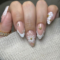 LPOODDNU front packaging showing white French almond nails and benefits