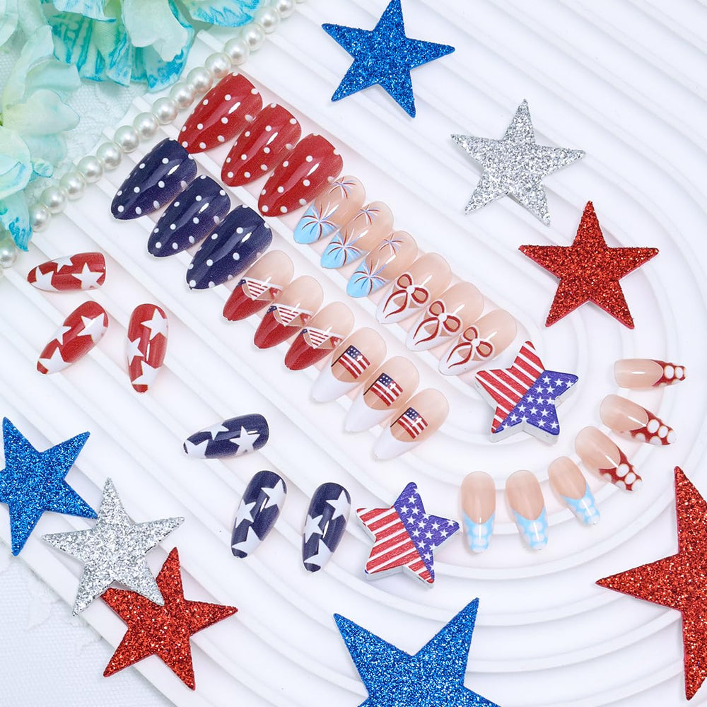 LRKNNO close-up of stars bows and polka dot nail art highlighting detailed festive designs
