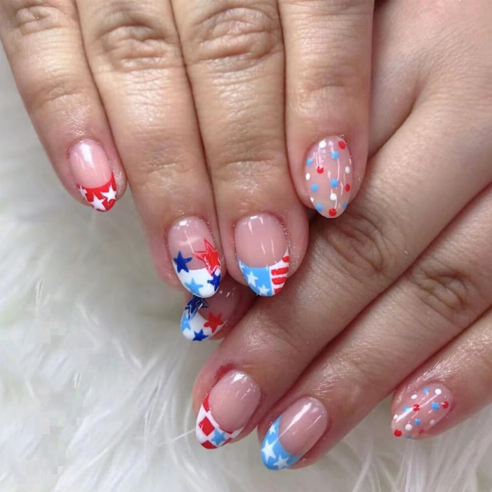LRKNNO front packaging showing 24-piece patriotic press-on nails and accessories for quick wear