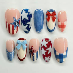 LRKNNO front packaging showing full 24-piece patriotic press-on kit benefiting quick setup