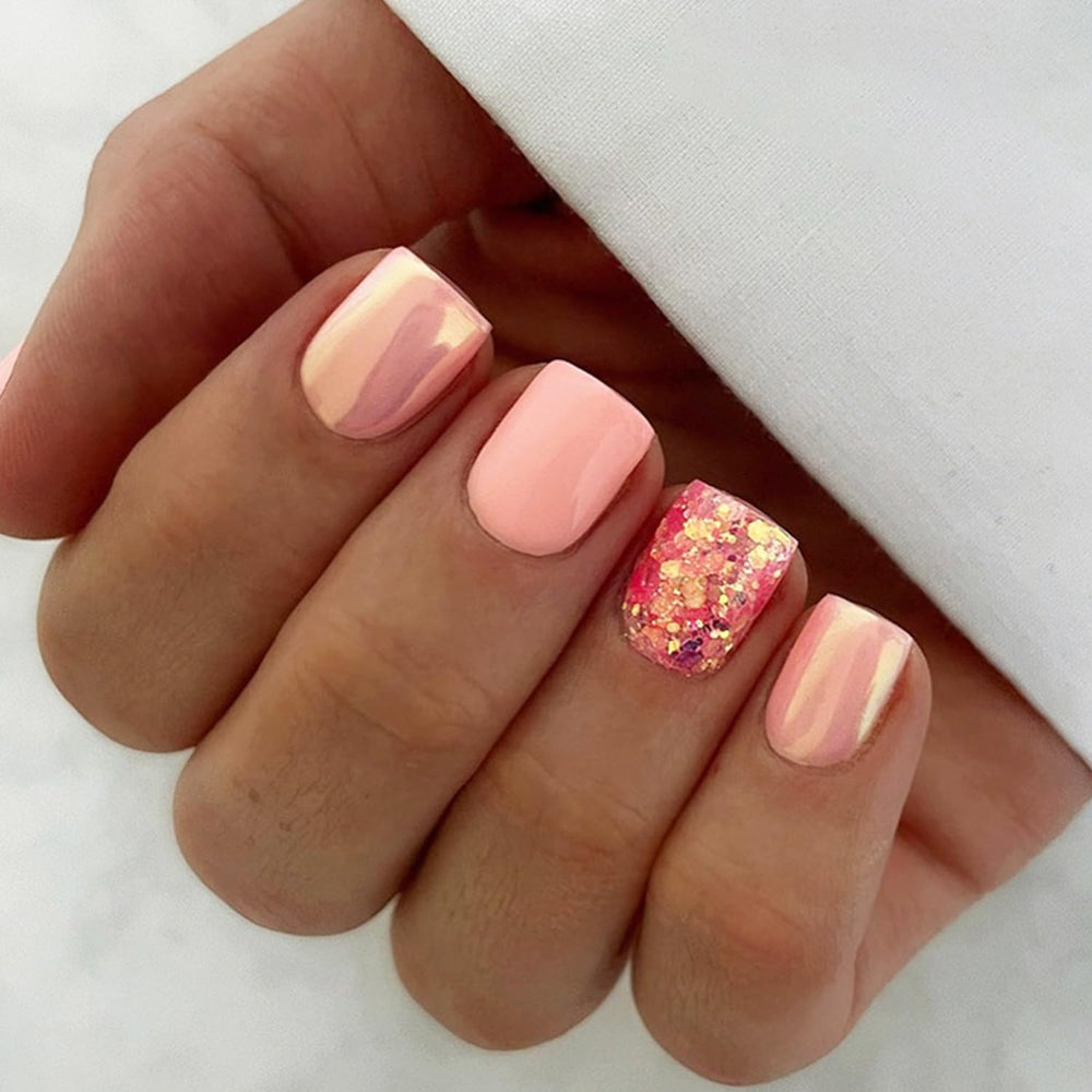 LRKNNO front packaging showing 24-piece orange glitter nails and convenience