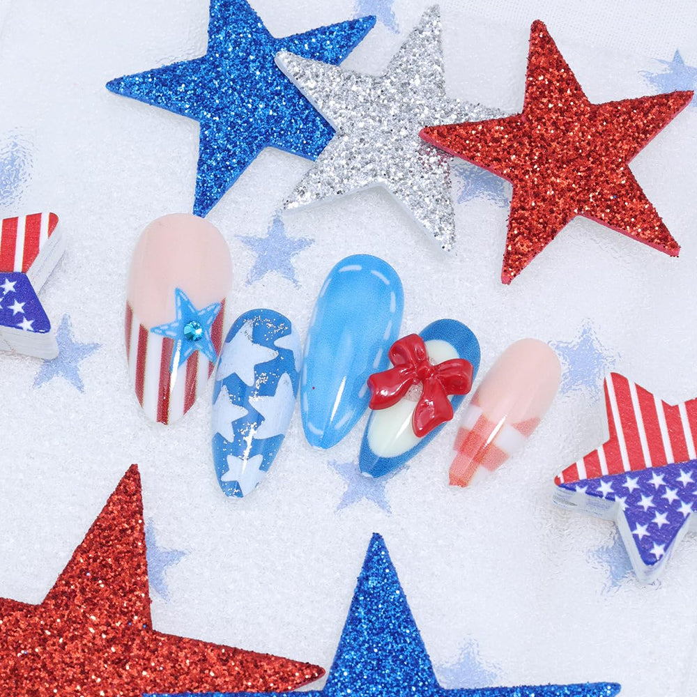 LRKNNO hand model wearing patriotic nails demonstrating instant event-ready style
