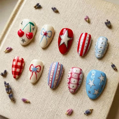 LRKNNO nails on hand showing short almond length and practical fit
