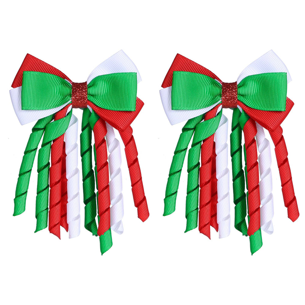 LSVOZ front view of two Christmas hair bow clips showing festive colors and style, easy festive upgrade