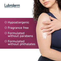 Lubriderm 32 oz bottle beside a hand for size comparison and long-lasting supply