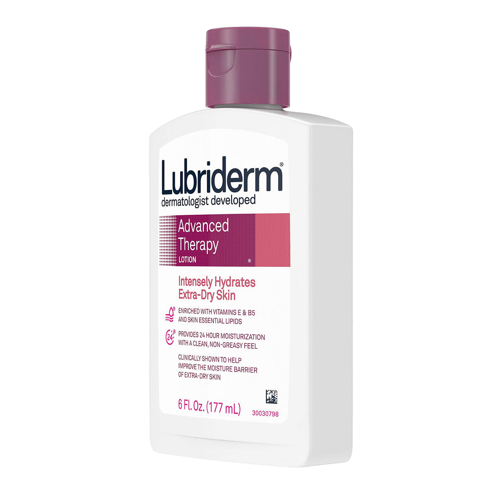 Applying Lubriderm to elbow showing targeted relief for dry areas benefit