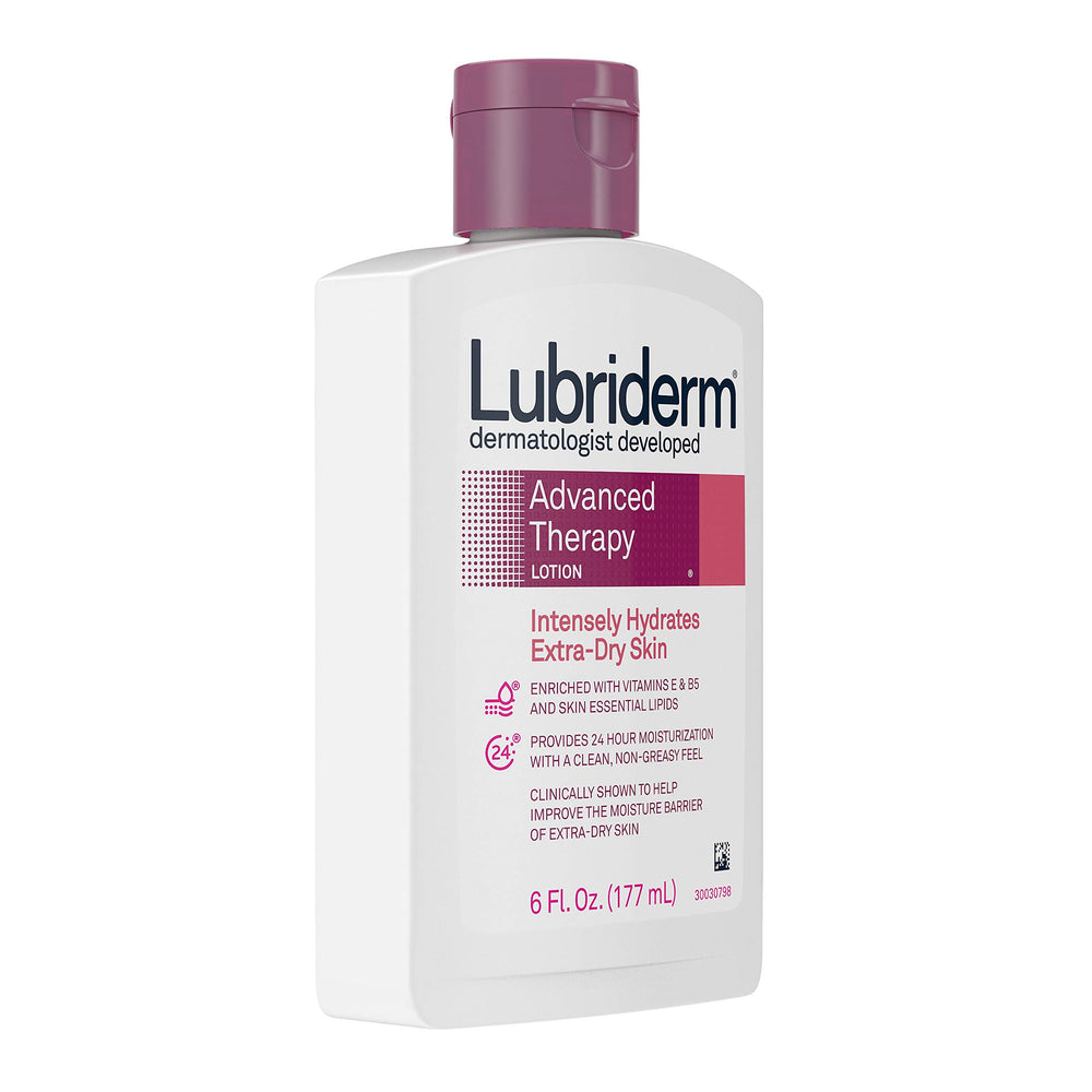 Lubriderm bottle dispensing lotion demonstrating easy pump benefit