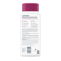 Lubriderm bottle on bathroom shelf signaling everyday, dermatologist-developed care